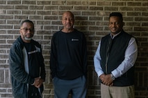 Carlos Brown, left, a pastor and the business representative for the International Longshoreman’s Association, Mark Brown, middle, a retired Marine, and Jason Brown, the Fine Arts Department Chair and Band Director for East St. Louis High School, pose for a photo in Swansea, Ill., Feb 27, 2021. The three men were gathered together for an interview about their life story. (U.S. Marine Corps photo by Sgt. Andrew Jones)