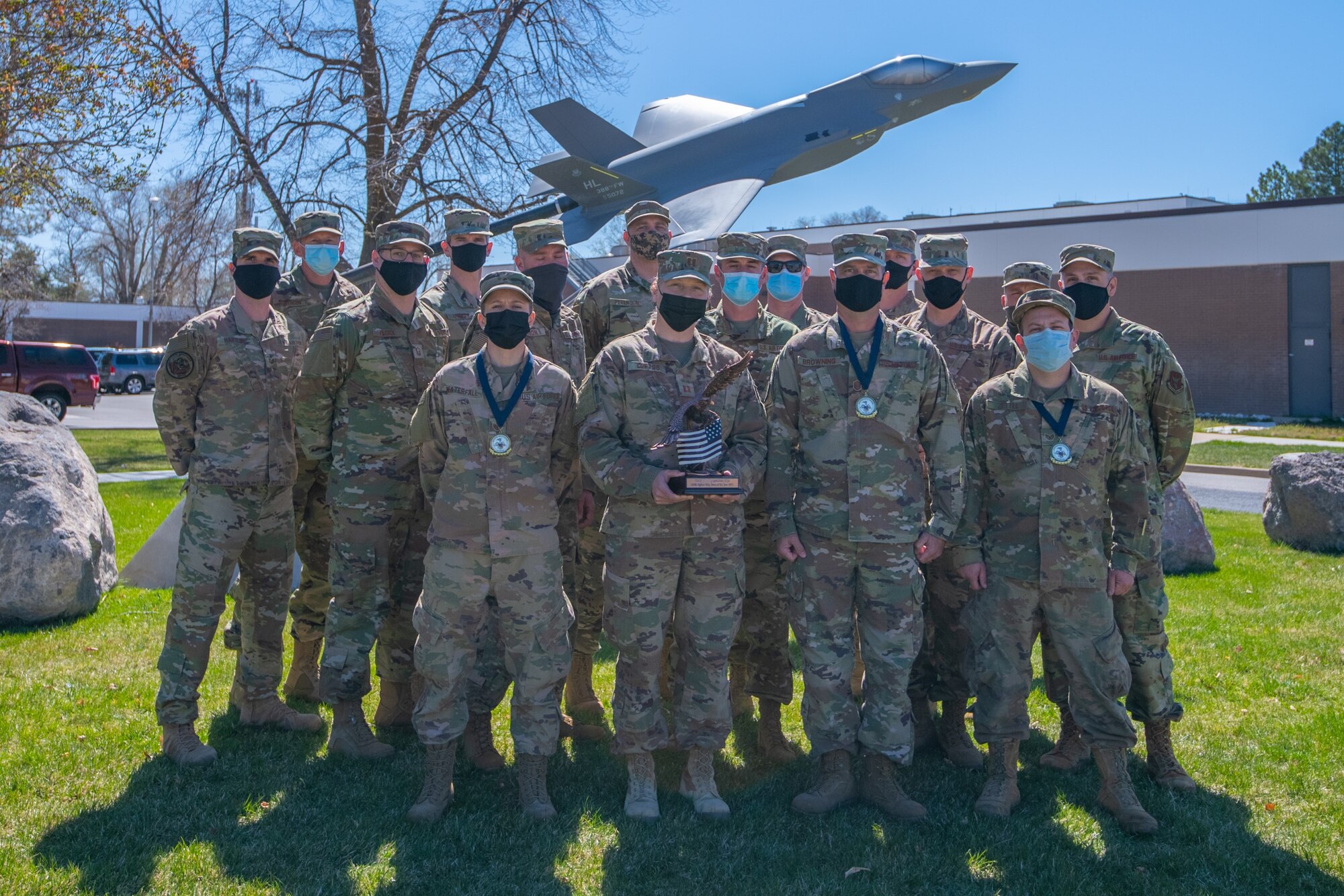 Reservists in the 419th Civil Engineer Squadron’s operations flight pose April 11, 2021, at Hill Air Force Base, Utah. The group was named Team of the Year during the 419th Fighter Wing’s annual awards ceremony during April’s unit training assembly.