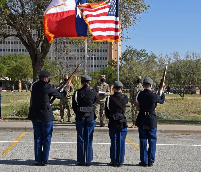Members of Goodfellow Air Force Base volunteer their time to judge the Air Force ROTC Detachment 847’s Annual Drill Meet, at Angelo State University in San Angelo, Texas, April 10, 2021.  Over 20 members from Goodfellow volunteered to help run event proceedings, mentor the participants and judge the drill competition. (U.S. Air Force photo by Senior Airman Abbey Rieves)