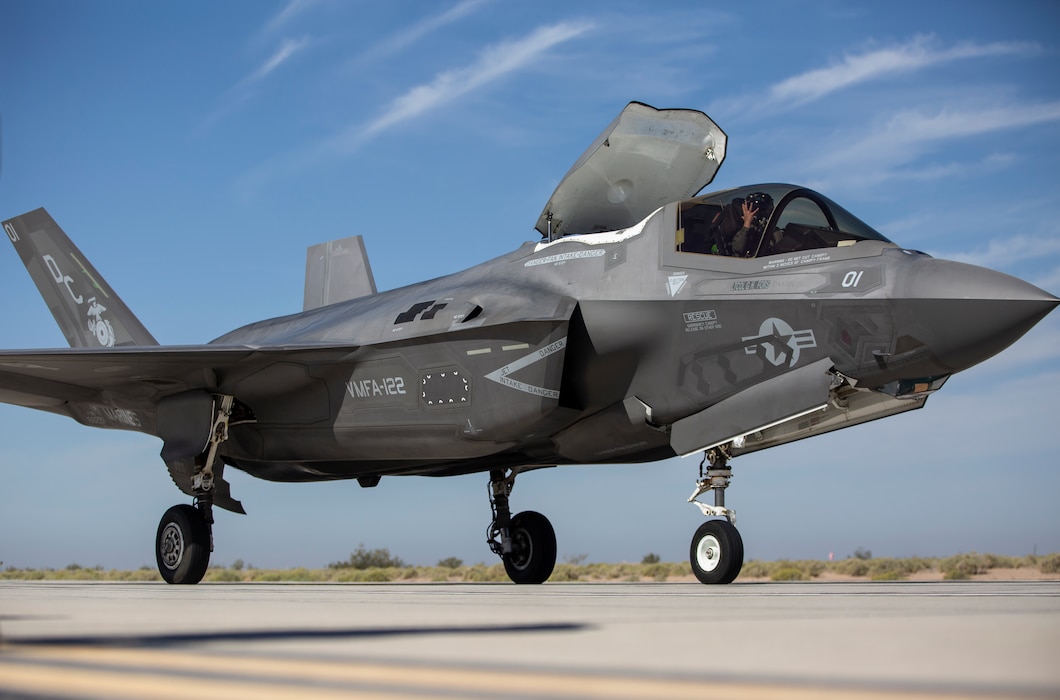 An F-35B Lightning II with Marine Fighter Attack Squadron (VMFA) 122, Marine Aircraft Group 13, 3rd Marine Aircraft Wing (MAW), conducts expeditionary advanced base operations (EABO) support and short take-off and vertical landings on simulated narrow roads at Marine Corps Air Station Yuma, Arizona, April 6, 2021. VMFA-122 continues to refine EABO tactics to increase 3rd MAWs operation reach and ability to deliver long range precision fires in preparation for future conflicts. (U.S. Marine Corps photo by Lance Cpl. Lance Cpl. Juan Anaya)