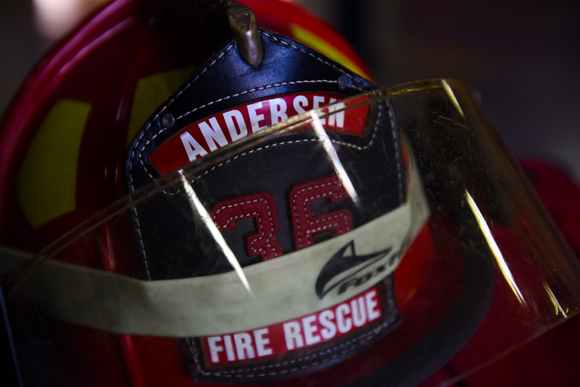 An Andersen AFB Firefighter helmet is shown