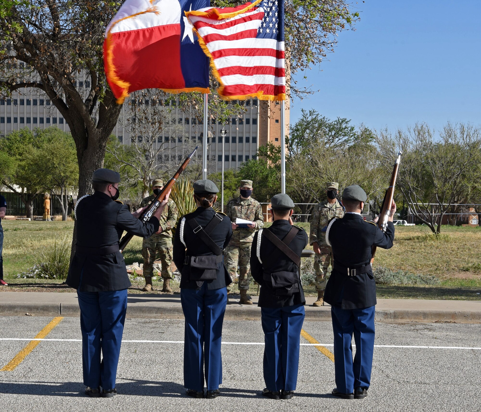 Members of Goodfellow Air Force Base volunteer their time to judge the Air Force ROTC Detachment 847’s Annual Drill Meet, at Angelo State University in San Angelo, Texas, April 10, 2021.  Over 20 members from Goodfellow volunteered to help run event proceedings, mentor the participants and judge the drill competition. (U.S. Air Force photo by Senior Airman Abbey Rieves)
