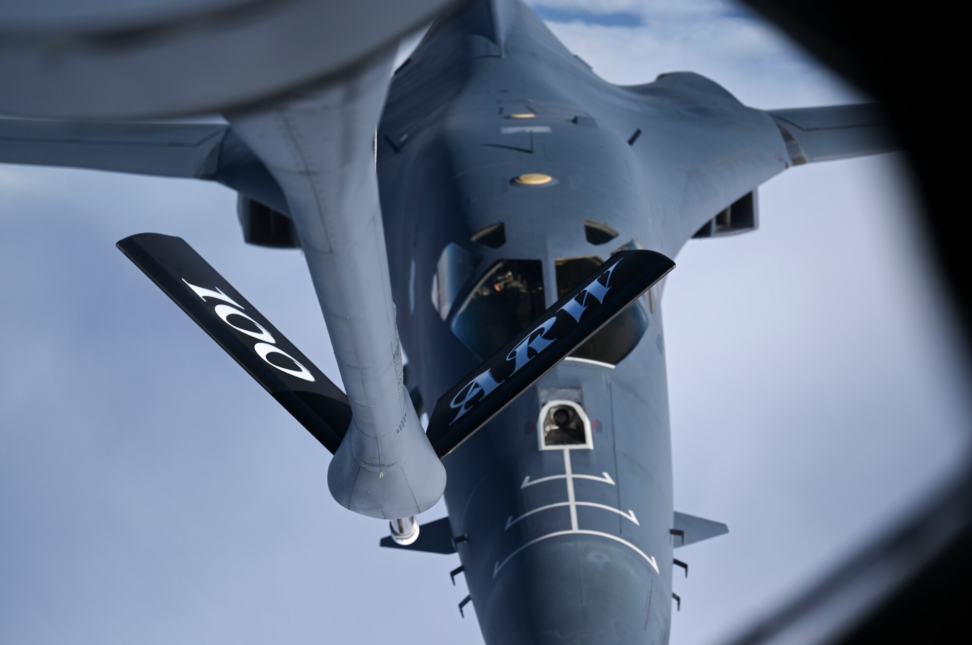 A U.S. Air Force B-1B Lancer aircraft assigned to the 7th Bomb Wing approaches a KC-135 Stratotanker aircraft assigned to the 100th Air Refueling Wing to receive fuel during a Bomber Task Force mission off the Scottish Coast, April 12, 2021. U.S. bomber aircraft contribute to European regional security with the support of U.S. Air Forces in Europe and Air Forces Africa’s only permanent air refueling wing. (U.S. Air Force photo by Tech. Sgt. Emerson Nuñez)