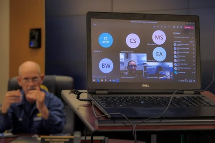 Vice Adm. Charles Ray supports FORCECOM’s modernized ready learning initiative by attending a meeting through Microsoft Teams in January 2021.