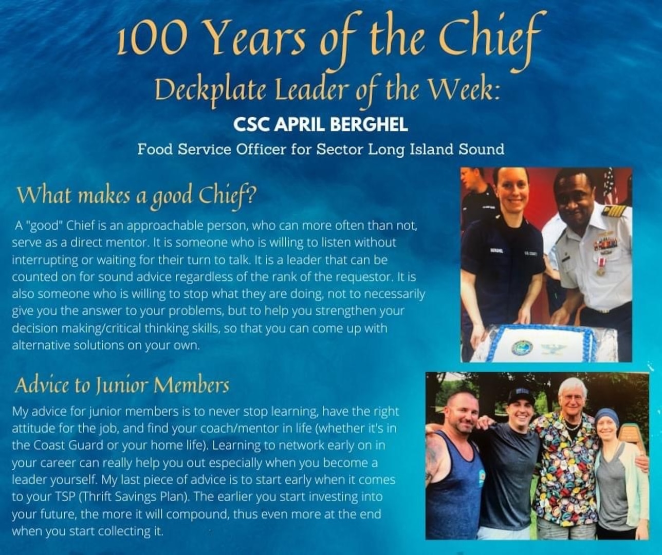 Our Deckplate Leader of the Week is Chief Petty Officer April Berghel, a culinary specialist currently serving as the Food Service Officer at U.S. Coast Guard Sector Long Island Sound.