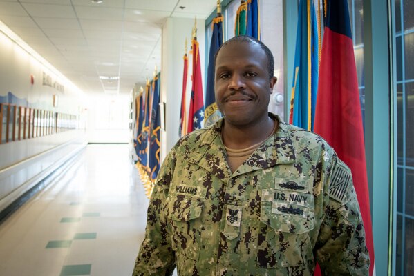 Hospital Corpsman 1st Class James Williams serves aboard Naval Health Clinic Cherry Point, where he oversees day-to-day operations while providing medical care to patients serving aboard Marine Corps Air Station Cherry Point and the surrounding communities. In his off-duty time, he volunteers as a firefighter with the Harlowe Volunteer Fire Department in Craven County, North Carolina.
