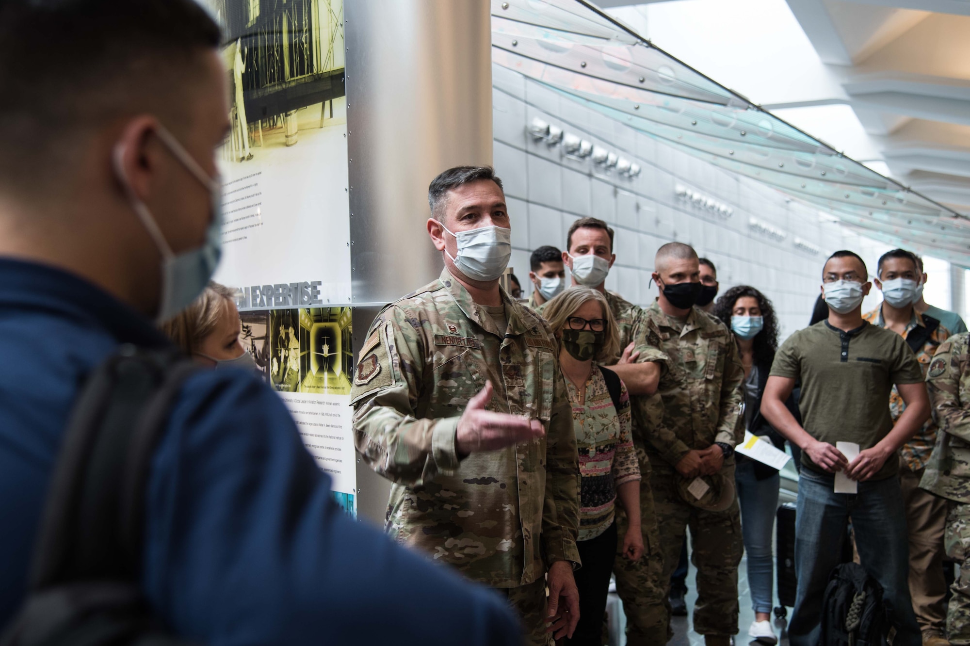 Col. Lee Nenortas, 22nd Medical Group commander, gives a speech to approximately 25 medics from the 22nd MDG deploying April 9, 2021, at Eisenhower Airport in Wichita, Kansas. The members will be deploying to St. Paul, Minnesota, where they will administer 168,000 doses of the COVID-19 vaccine to help make life-saving vaccines readily available to the American people. (U.S. Air Force photo by Senior Airman Alexi Bosarge)