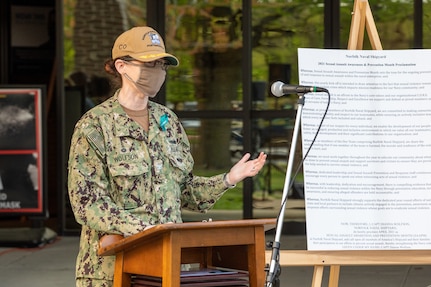 Norfolk Naval Shipyard's (NNSY) Commander Capt. Dianna Wolfson speaks during the Sexual Assault Awareness and Prevention (SAAPM) kickoff April 9.