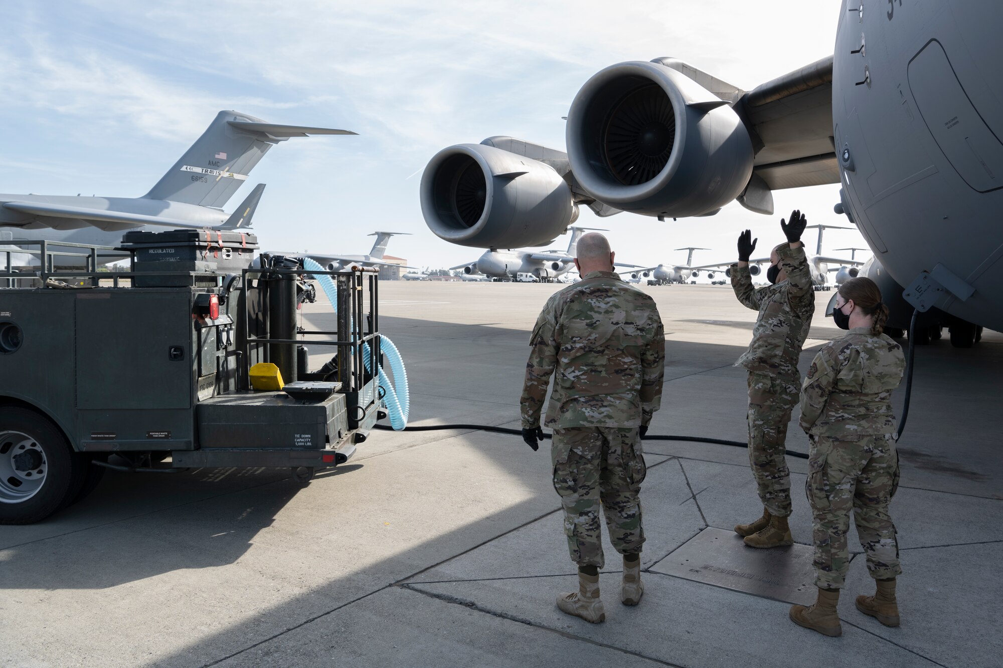 Photos of wing leadership working along side Aerial Port Squadron Airmen. The Leadership Rounds program provides 60th AMW leadership an opportunity to interact with Airmen and receive a detailed view of each mission performed at Travis AFB.