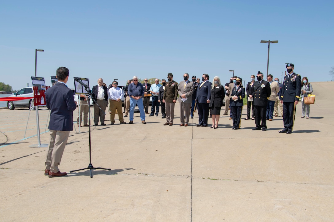 IN THE PHOTO, the Memphis District held a ribbon-cutting ceremony, to celebrate a fully functioning stormwater ditch replacement project in the New, Madrid, Missouri area, on Apr. 12, 2021. A $3.4 million contract was awarded for two work areas to Tarpan Construction LLC., on Aug. 29, 2019. (USACE photos by Vance Harris)