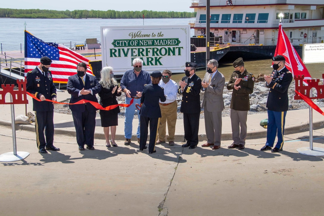 IN THE PHOTO, the Memphis District held a ribbon-cutting ceremony, to celebrate a fully functioning stormwater ditch replacement project in the New, Madrid, Missouri area, on Apr. 12, 2021. A $3.4 million contract was awarded for two work areas to Tarpan Construction LLC., on Aug. 29, 2019. (USACE photos by Vance Harris)