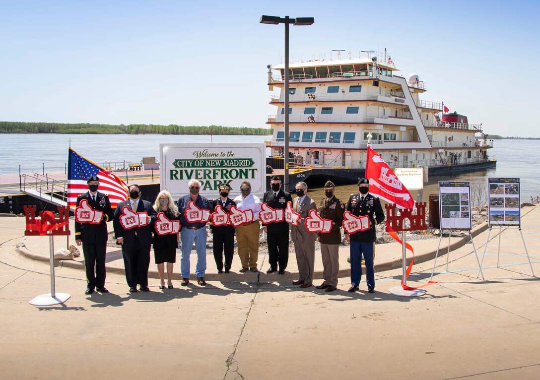 IN THE PHOTO, the Memphis District held a ribbon-cutting ceremony, to celebrate a fully functioning stormwater ditch replacement project in the New, Madrid, Missouri area, on Apr. 12, 2021. A $3.4 million contract was awarded for two work areas to Tarpan Construction LLC., on Aug. 29, 2019. (USACE photos by Vance Harris)