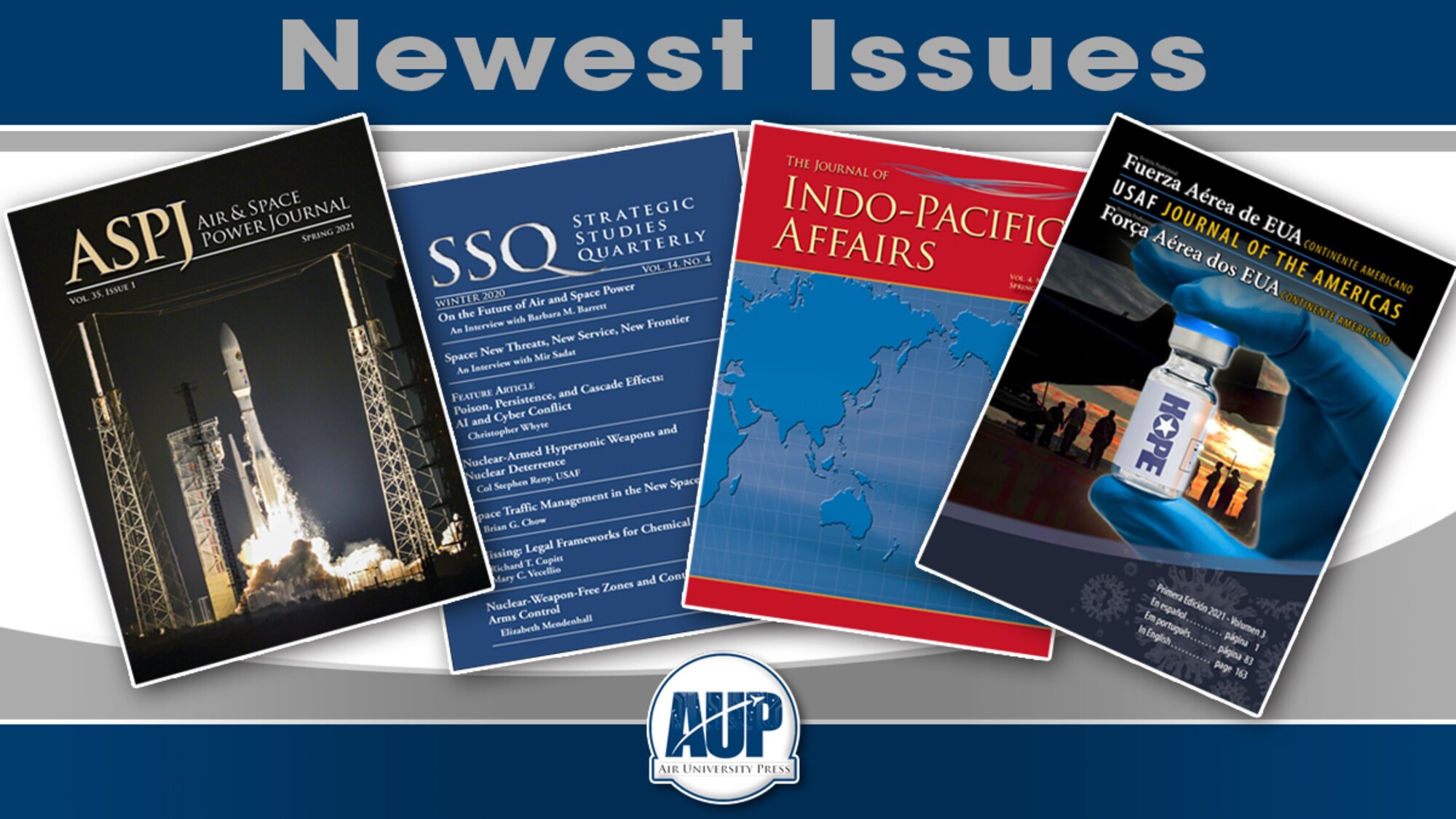 Graphic displaying the covers of four spring 2021 journals released by Air University Press.