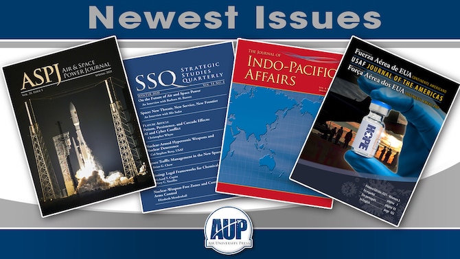 Graphic displaying the covers of four spring 2021 journals released by Air University Press.