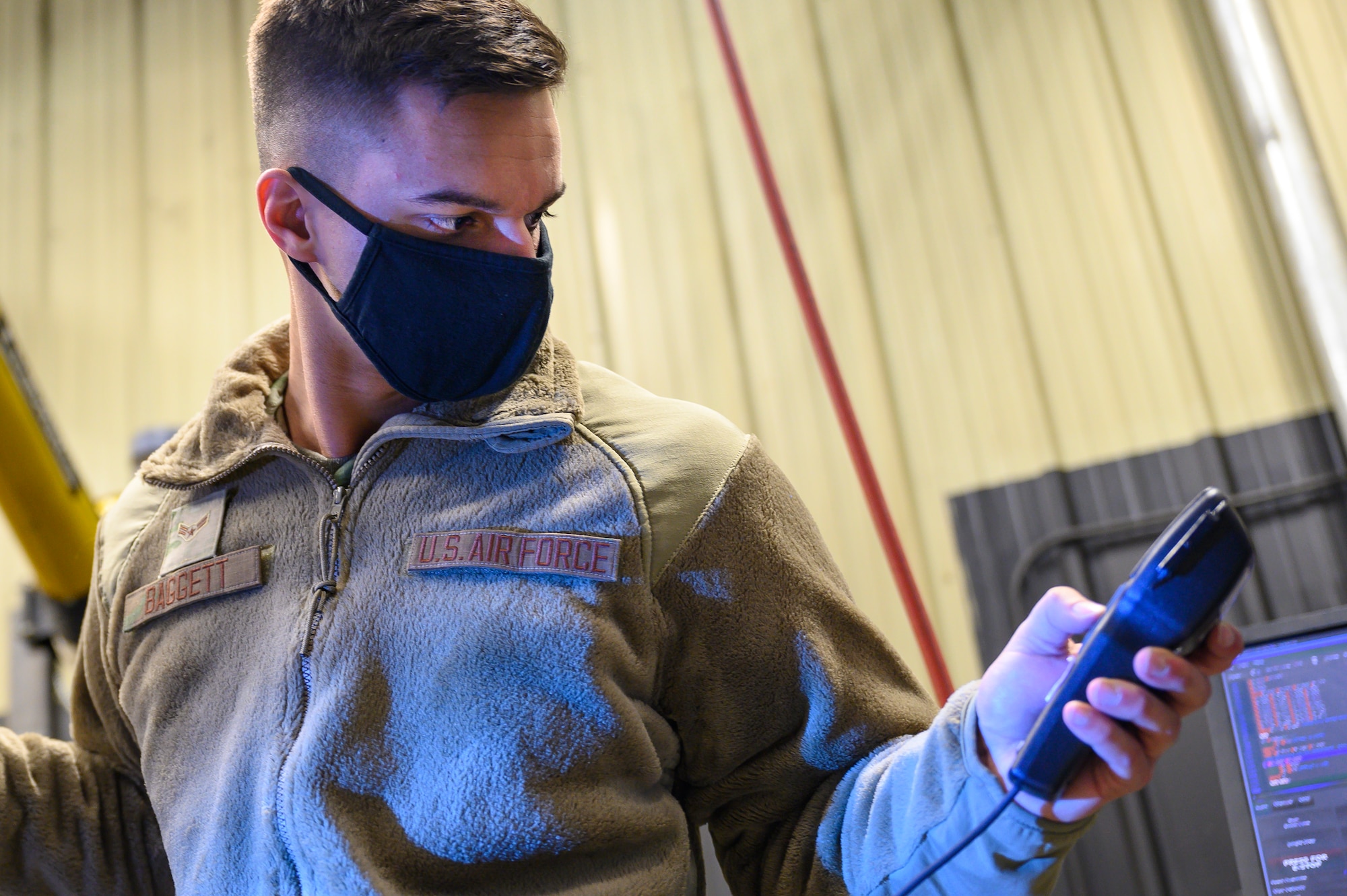 Airman 1st Class Dylan Baggett, 341st Operational Medical Readiness Squadron bioenvironmental engineer apprentice, assesses the airflow of a vent April 5, 2021, at Malmstrom Air Force Base, Mont.