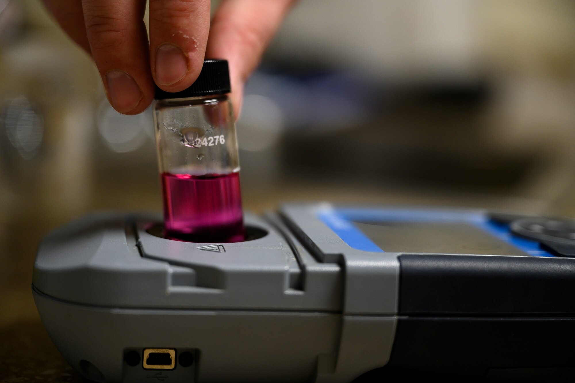 Airman 1st Class Brendan Saad, 341st Operational Medical Readiness Squadron bioenvironmental engineer apprentice, conducts a water sampling test April 5, 2021, at Malmstrom Air Force Base, Mont.