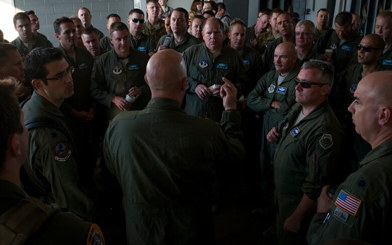 Maj. Neil Harlow, a MAFFS pilot with the 153rd Airlift Wing out the Wyoming Air National Guard, gives all the Air Force members attending training a brief prior to the start of training. (U.S. Air Force photo/Staff Sgt. Andrew Lee)
