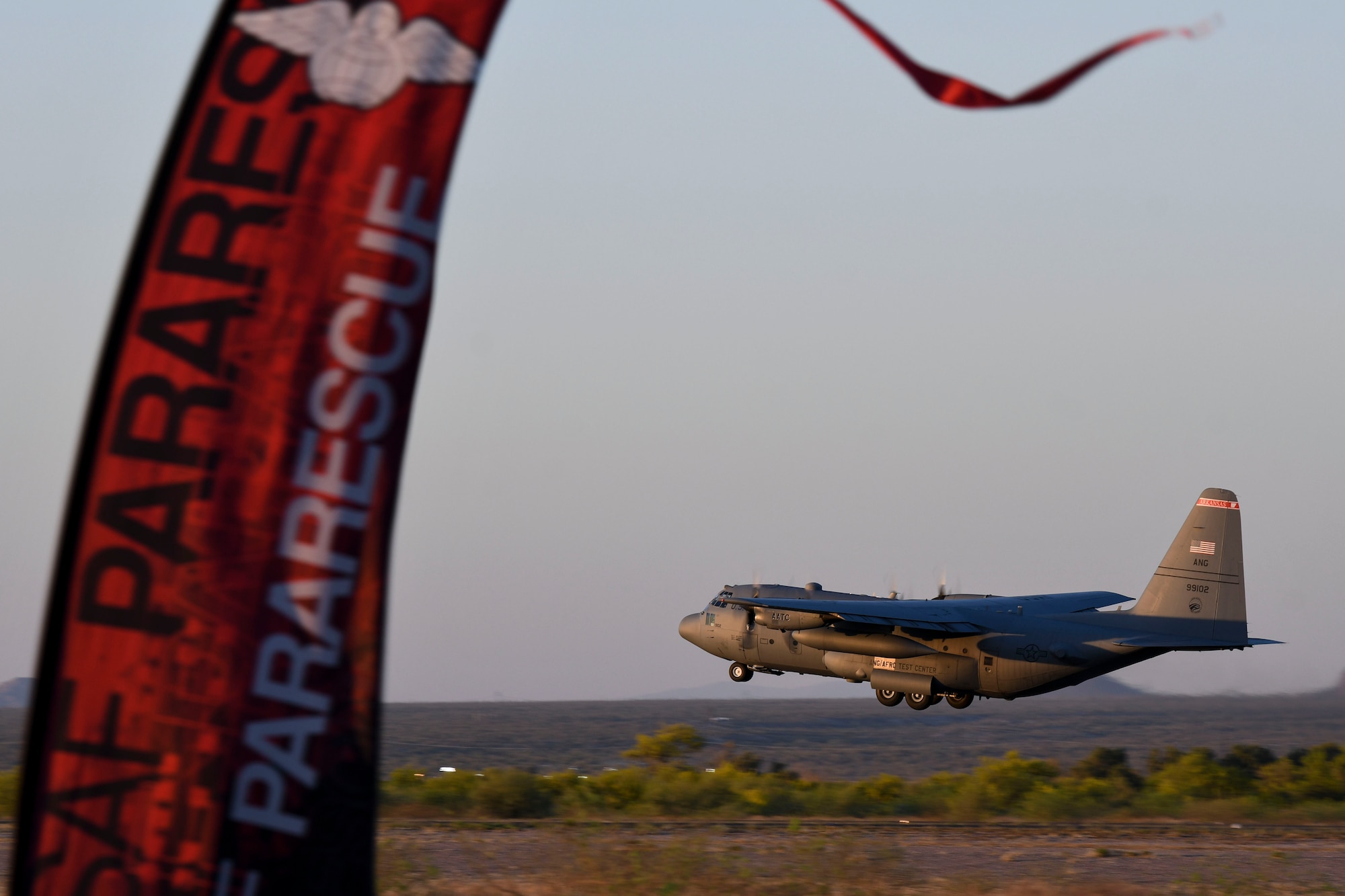 A photo of a united states air force air plane taking off