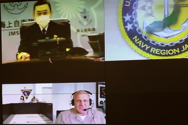 Chief of Naval Operations (CNO) Adm. Mike Gilday speaks with Japan Maritime Self-Defense Force Chief of Staff Adm. Hiroshi Yamamura during a video teleconference.