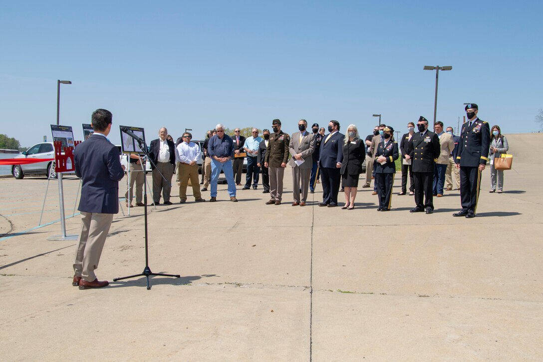 IN THE PHOTO, the Memphis District held a ribbon-cutting ceremony, to celebrate a fully functioning stormwater ditch replacement project in the New, Madrid, Missouri area, on Apr. 12, 2021. A $3.4 million contract was awarded for two work areas to Tarpan Construction LLC., on Aug. 29, 2019. (USACE photos by Vance Harris)