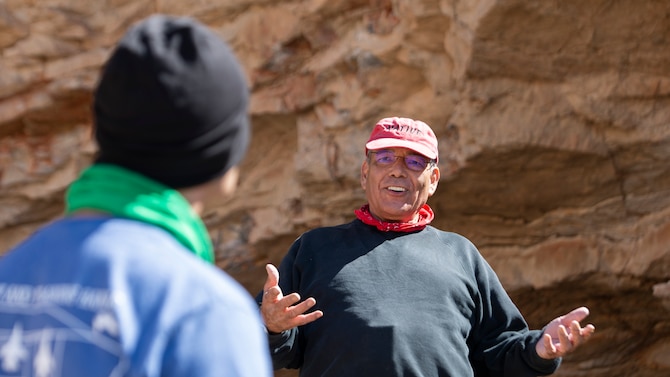 Tribal representative speaks to Nevada Test and Training Range commander.