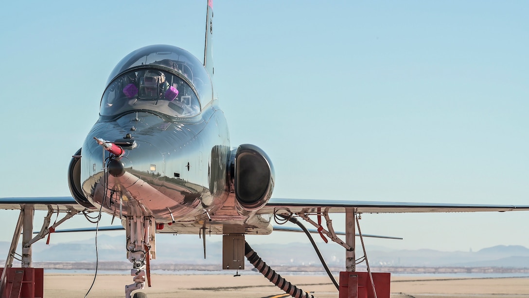 U.S. Air Force Test Pilot School student Capt. Mattia Nucciarelli, from the Italian Air Force, conducts a data collection test run at the Installed Engine Test Facility Horizontal Thrust Stand at Edwards Air Force Base, California, March 5. Thrust data is transferred to an underground bunker roughly 100 feet from the thrust stand. (Air Force photo by Giancarlo Casem)