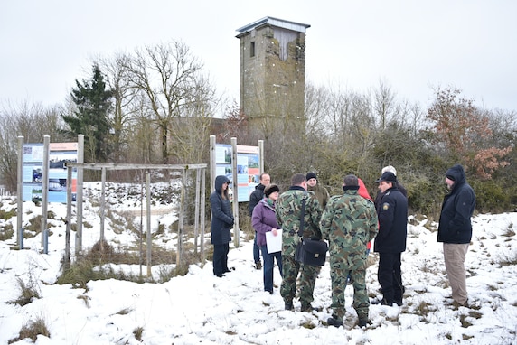 Representatives of the Bulgarian Ministry of Defense discuss sustainable training area management topics during their visit to the 7th Army Training Command’s (7th ATC) Grafenwoehr Training Area, Germany, Dec. 6, 2017.