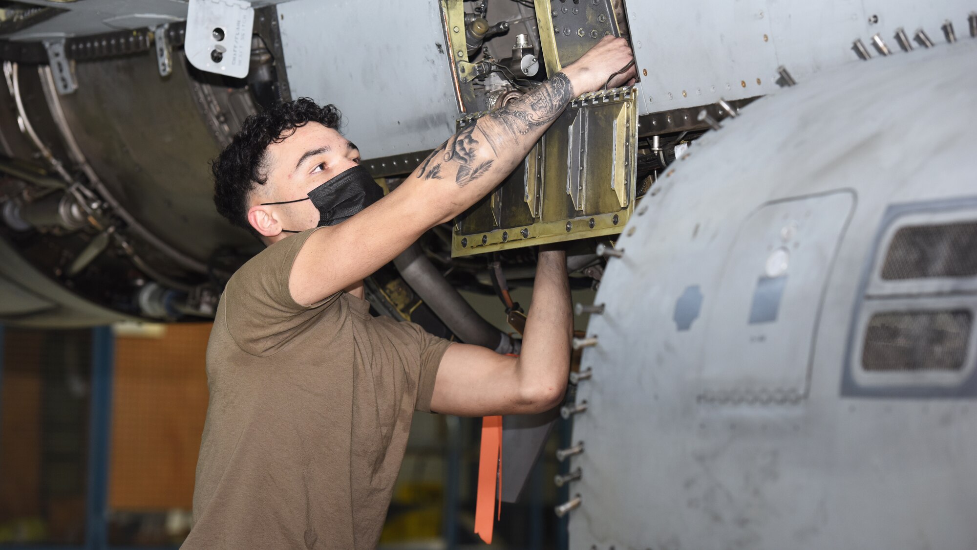 U.S. Air Force Senior Airman Jonathan Jimenez-Barreto, 52nd Maintenance Squadron Aircraft Inspection Journeyman, conducts an aircraft phase inspection on a U.S. Air Force F-16 Fighting Falcon. The inspection and repairs can take up to ten days and allow maintenance flight personnel the opportunity to complete aircraft part changes and repair minor discrepancies. (U.S. Air Force photo by Tech. Sgt. Tony Plyler)
