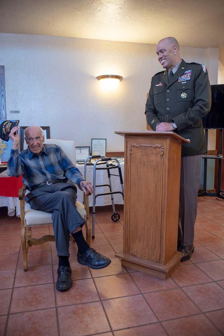 Maj. Gen. Michael Thompson, adjutant general for Oklahoma, speaks to family and friends before presenting the Thunderbird Medal to Lt. Col. (Ret.) Oren L. Peters, World War II and Korean War Veteran from the renowned 45th Infantry Division, Saturday, April 10, 2021 in Edmond, Oklahoma. The Thunderbird Medal is the Oklahoma National Guard’s highest award presented to a civilian. (Oklahoma National Guard photo by Lt. Col. Geoff Legler)