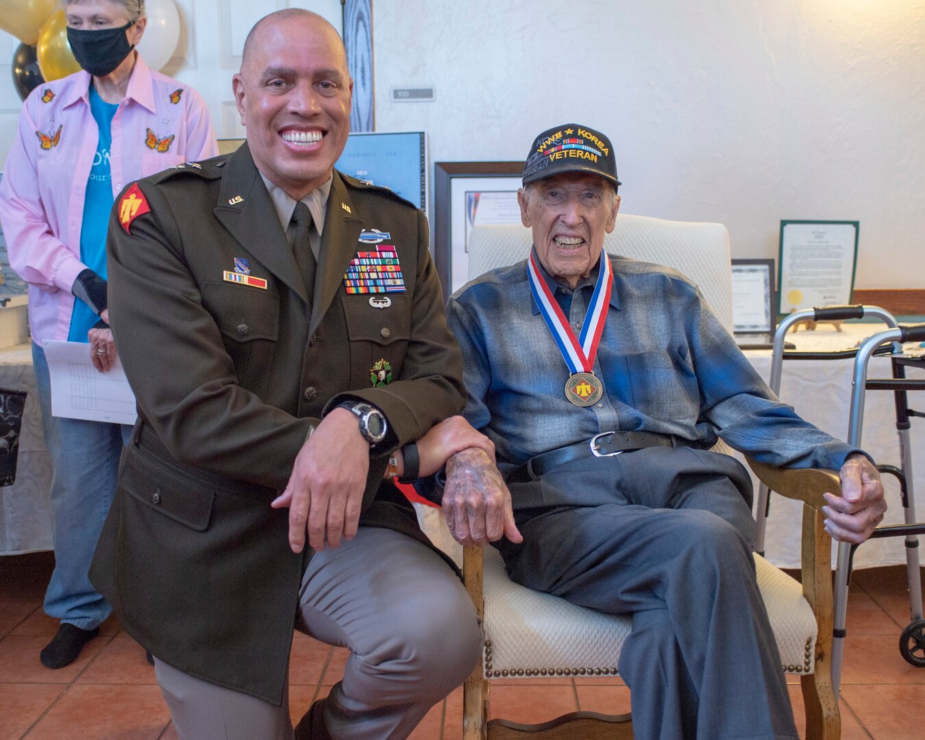 Maj. Gen. Michael Thompson, adjutant general for Oklahoma, poses with Lt. Col. (Ret.) Oren L. Peters, World War II and Korean War Veteran from the renowned 45th Infantry Division, Saturday, April 10, 2021, during a Thunderbird Medal presentation ceremony. The Thunderbird Medal is the Oklahoma National Guard’s highest award presented to a civilian and was presented to Peters for his distinguished military service. (Oklahoma National Guard photo by Lt. Col. Geoff Legler)