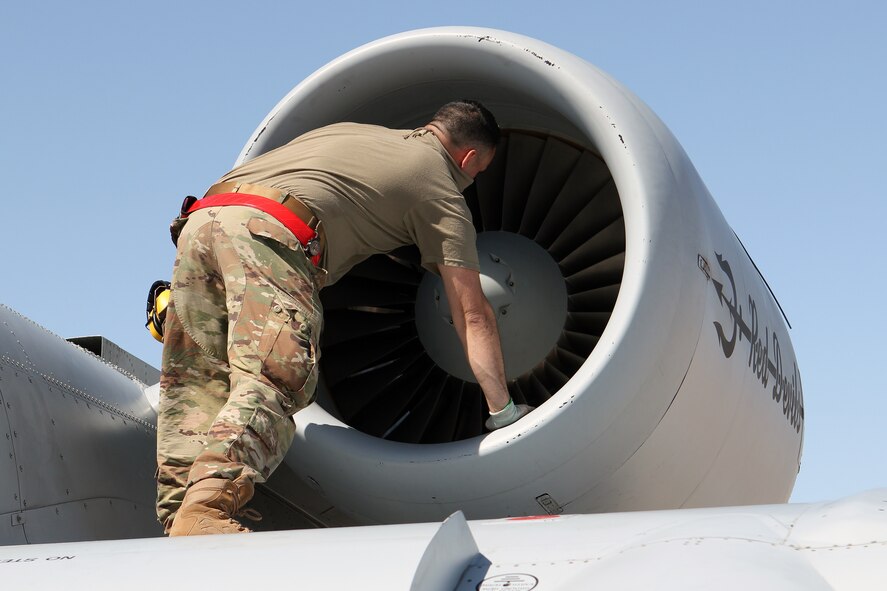 Tech. Sgt. Alex Goulette, a crew chief with the Michigan Air National Guard’s 127th Maintenance Group, 127th Wing, conducts a post-fight inspection on an A-10 Thunderbolt II aircraft after a training mission at Nellis Air Force Base, Nevada, April 12, 2021.