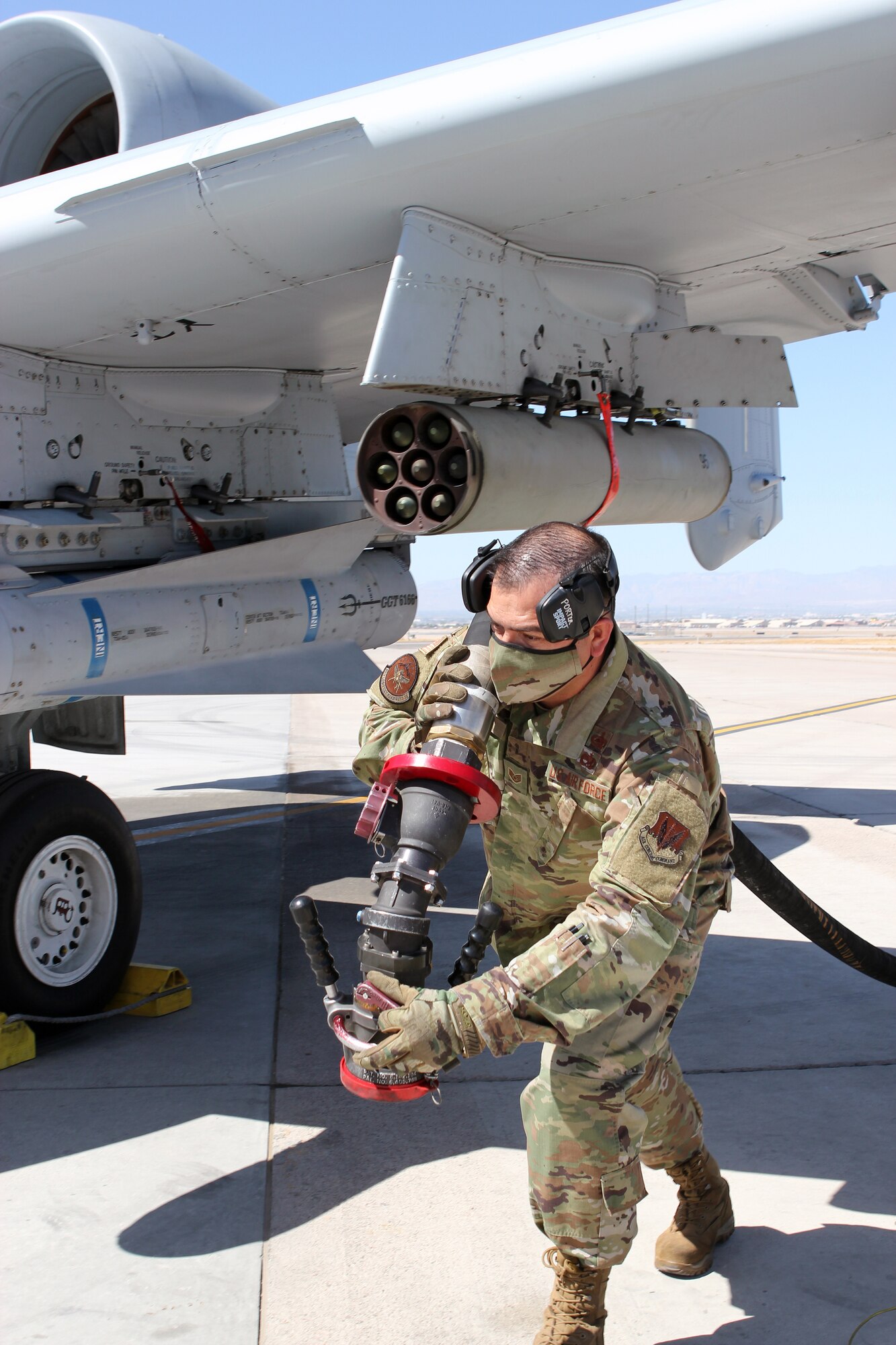 Staff Sgt. Robert Porter, a fuels specialist with the 127th Logistics Readiness Squadron, 127th Wing, supports A-10 Thunderbolt II aircraft operations at Nellis Air Force Base, Nevada, April 12, 2021.