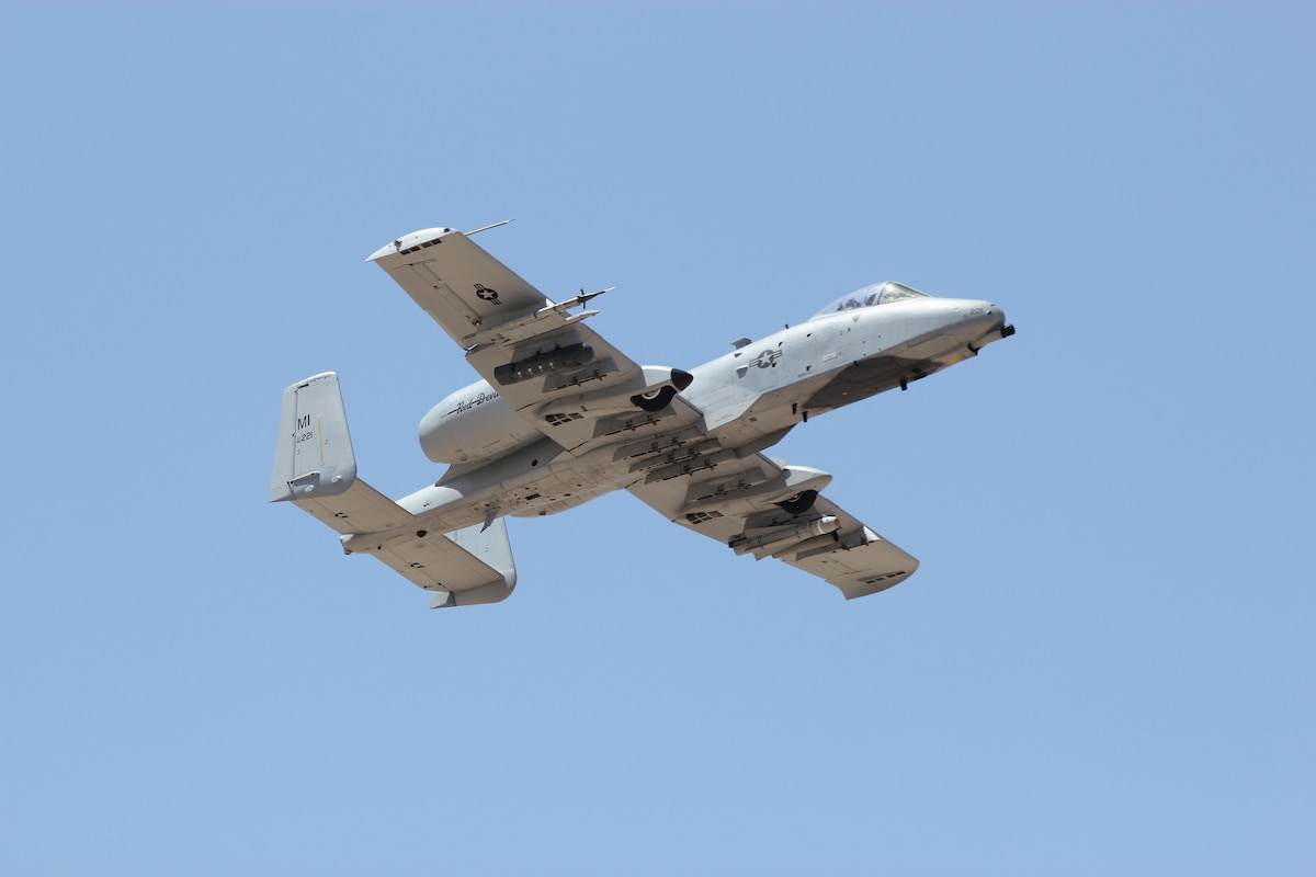 An A-10 Thunderbolt II aircraft from the Michigan Air National Guard’s 107th Fighter Squadron, 127th Wing, is seen in flight at Nellis Air Force Base, Nevada, April 12, 2021.