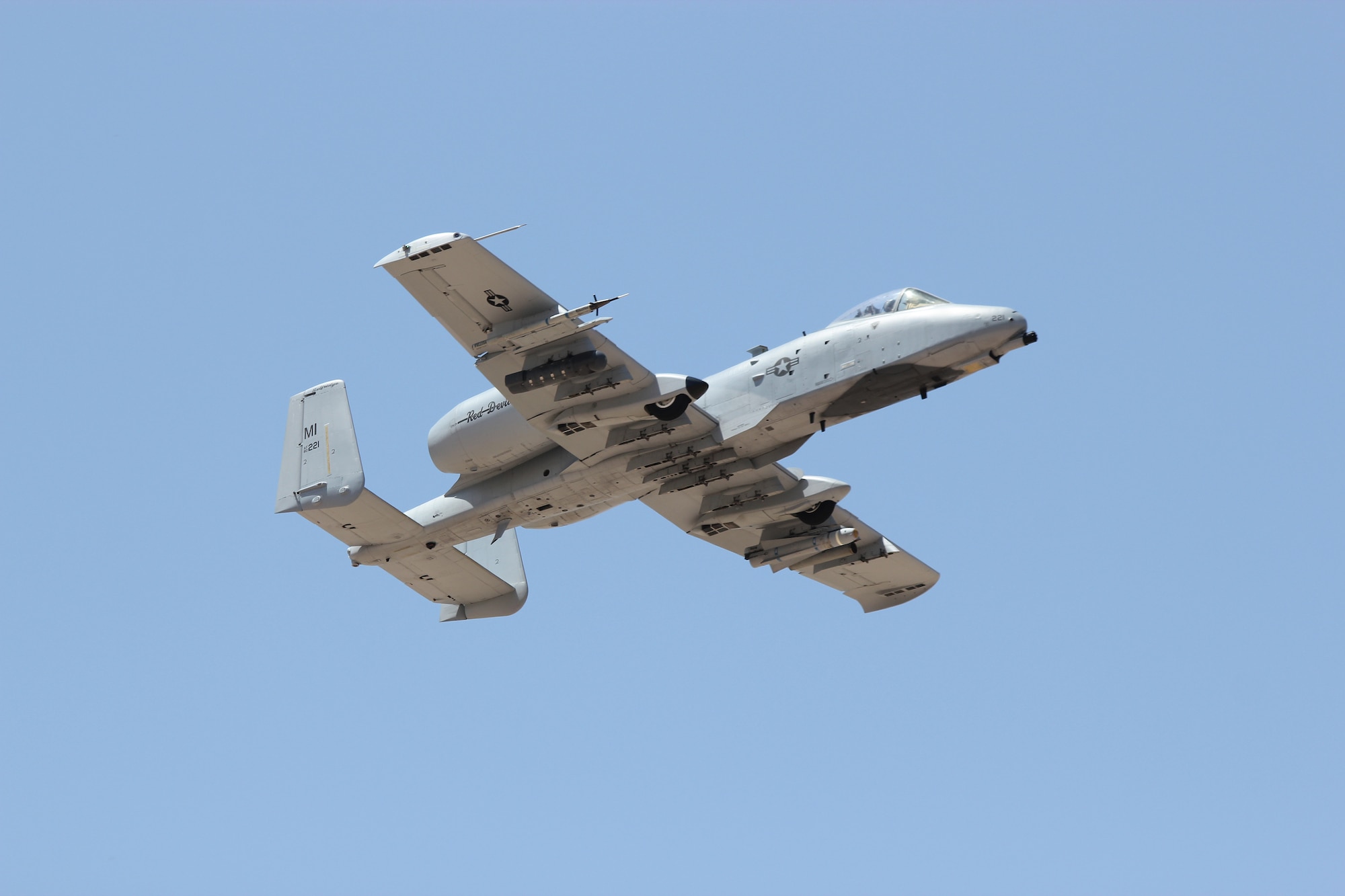 An A-10 Thunderbolt II aircraft from the Michigan Air National Guard’s 107th Fighter Squadron, 127th Wing, is seen in flight at Nellis Air Force Base, Nevada, April 12, 2021.
