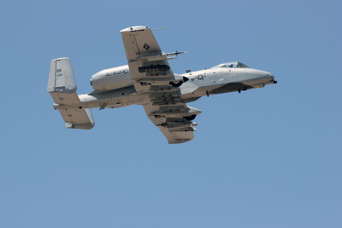 An A-10 Thunderbolt II aircraft from the Michigan Air National Guard’s 107th Fighter Squadron, 127th Wing, is seen in flight at Nellis Air Force Base, Nevada, April 12, 2021.