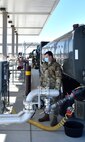 SELFRIDGE AIR NATIONAL GUARD BASE, Mich.— Senior Airman Nick Bousquette, fuels distribution operator with the 127th Fuels Management Flight here, fills a fuel truck with jet fuel at the Base Hydrant System facility here March 6, 2021. The hydrant system consists of two tanks that hold approximately 700,000 gallons of jet fuel combined and has three pumps capable of pumping jet fuel at a rate of 600 gallons per minute.