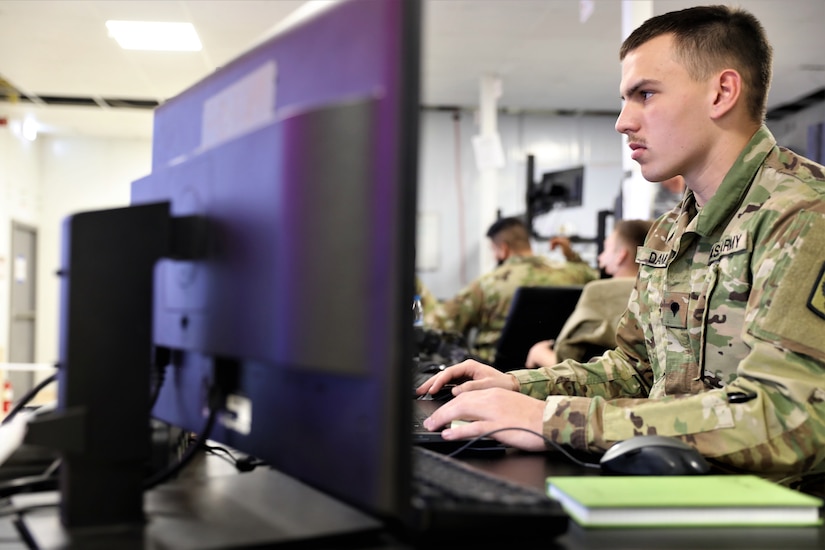 Spc. Christopher Dame works as an air defense battle management system operator for the 130th Field Artillery Brigade