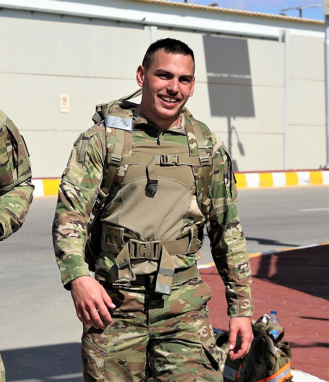Spc. Christopher Dame completes the Norwegian Foot March in March 2021.