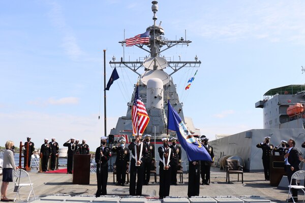 PORTSMOUTH, Va. (April 9, 2021) – The color guard presents the colors during the national anthem at the Arleigh Burke-class guided-missile destroyer USS Nitze’s change of command ceremony. Cmdr. Sam T. Sareini was relieved by Cmdr. Donald J. Curran III during the ceremony. (U.S. Navy photo by Ens. William Fong/Released)