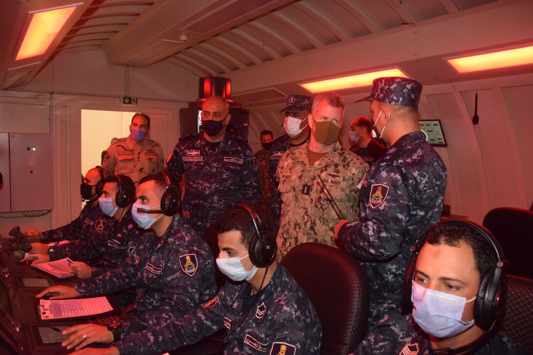 Combined Maritime Forces (CMF) Commander Vice Admiral Samuel Paparo, U.S. Navy, visits Egypt Navy personnel in Alexandria, Egypt, April 12. Egypt has become the 34th member nation of CMF (Photo: Courtesy of the Egypt Navy).