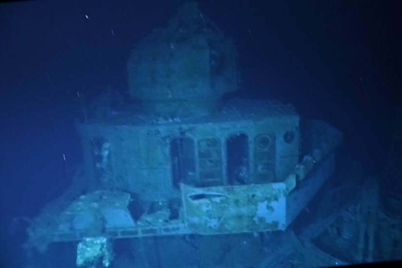 An underwater photo shows the wreckage of a ship that sank 75 years ago.
