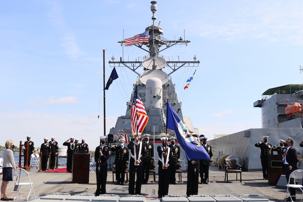 PORTSMOUTH, Va. (April 9, 2021) – The color guard presents the colors during the national anthem at the Arleigh Burke-class guided-missile destroyer USS Nitze’s change of command ceremony. Cmdr. Sam T. Sareini was relieved by Cmdr. Donald J. Curran III during the ceremony. (U.S. Navy photo by Ens. William Fong/Released)