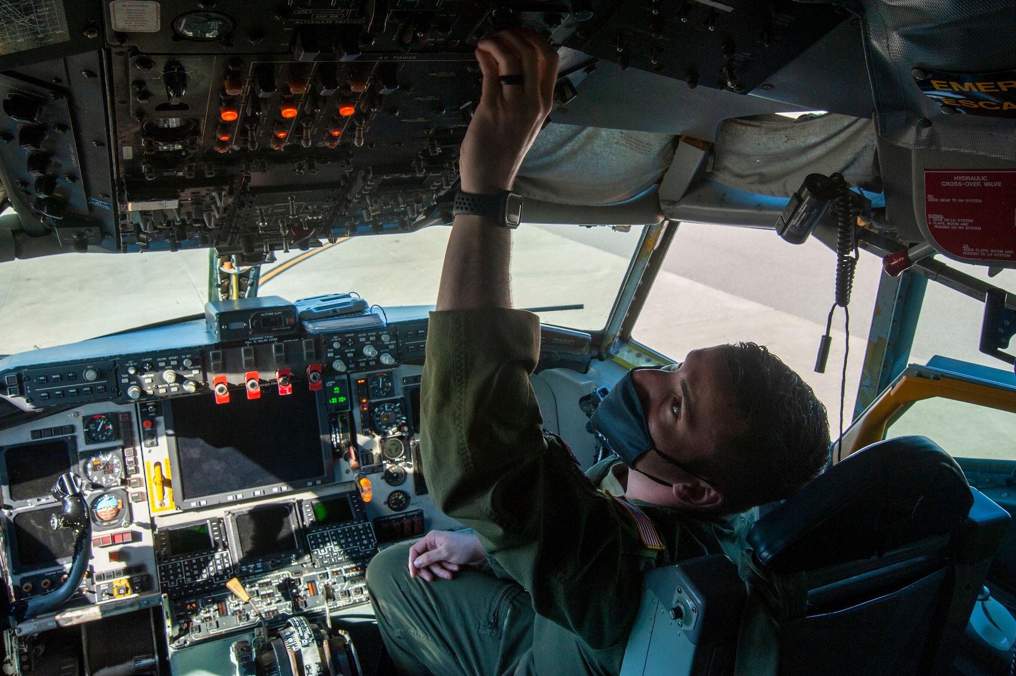 U.S. Air Force 1st Lt. Andres G. Velez, a 50th Air Refueling Squadron (ARS) pilot, performs a preflight check on a KC-135 Stratotanker aircraft at MacDill Air Force Base, Fla., April 9, 2021, prior to a 91st ARS deployment. The checks are designed to ensure all equipment is operational before the aircraft pilots get onboard. (U.S. Air Force photo by Airman 1st Class David D. McLoney)