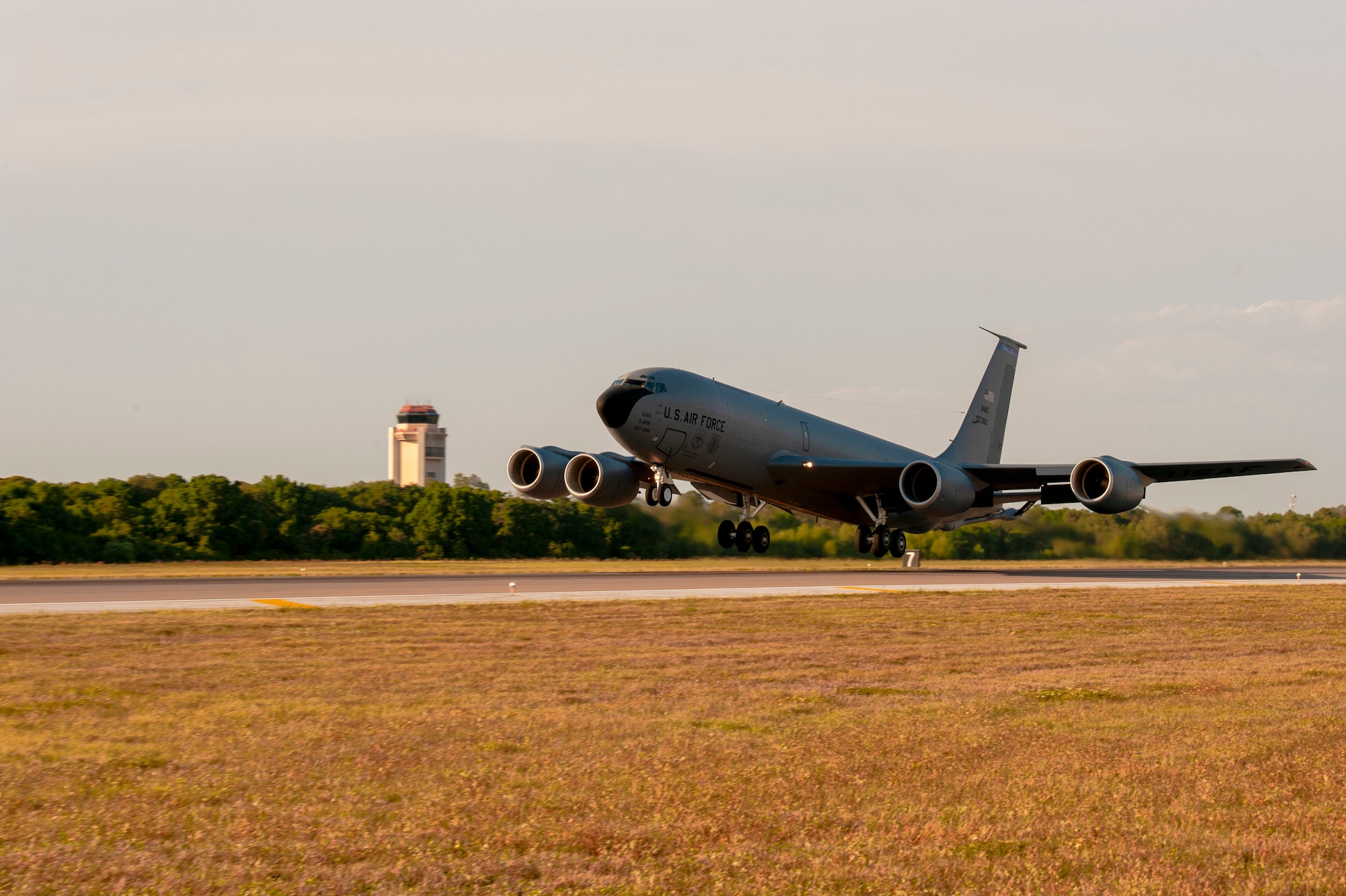 A KC-135 Stratotanker aircraft takes off from MacDill Air Force Base, Fla., April 9, 2021. The aircraft was carrying cargo and Airmen from MacDill AFB to their deployed location at Al Udeid Air Base, Qatar. (U.S. Air Force photo by Airman 1st Class David D. McLoney)