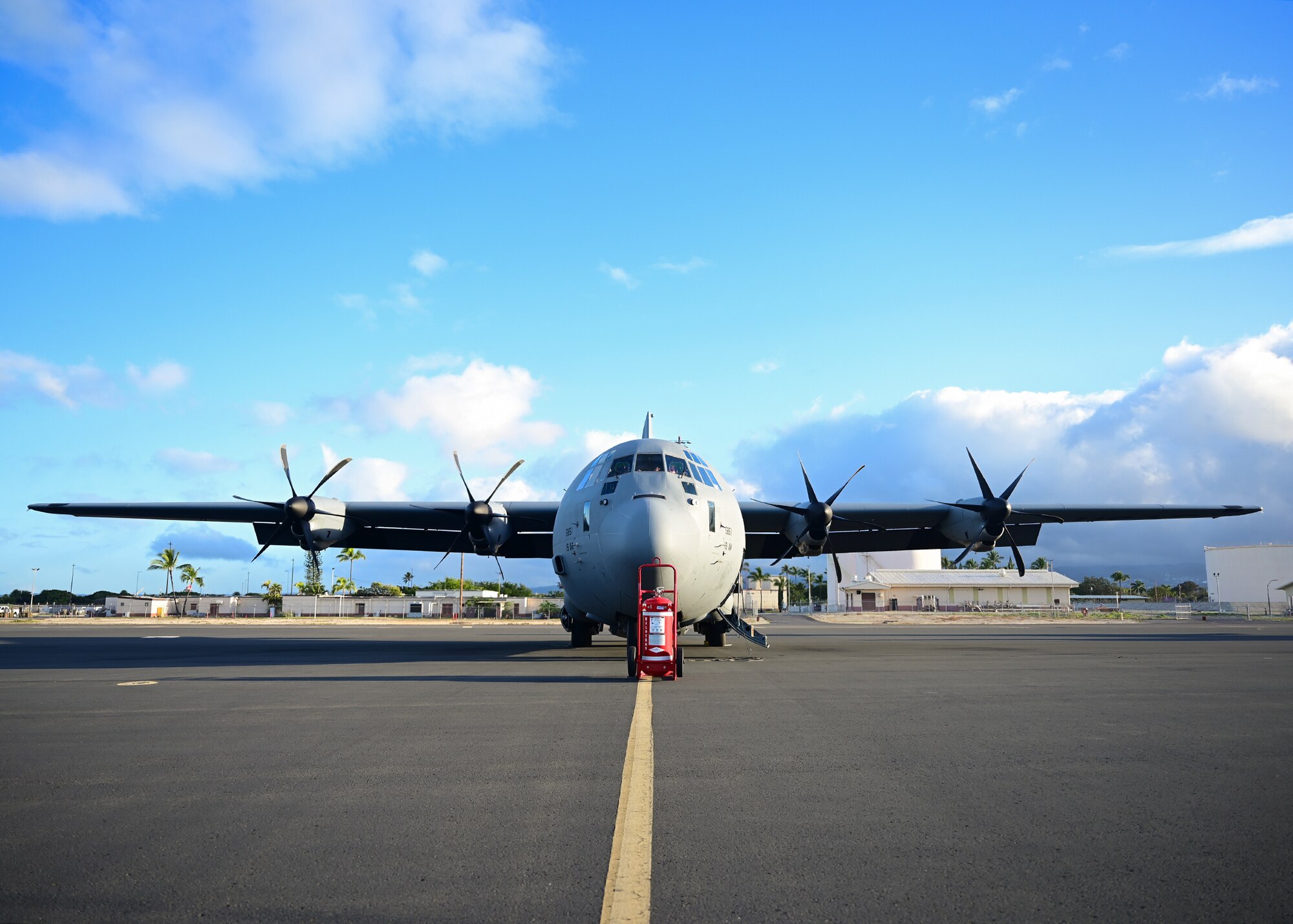 An aircraft sits on the flightline prior to takeoff.