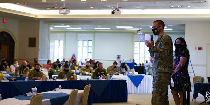 U.S. Air Force Col. Marc Greene, 628th Air Base Wing commander explains the resources available to Airmen and their families at Joint Base Charleston, S.C., April 14, 2021. The Key Spouse Program is an Air Force Unit Family Readiness Program designed to enhance readiness, personal/family resiliency and establish a sense of Air Force community. Key Spouses are commander-appointed and are a vital resource to support Air Force families. The strategic vision is to increase resiliency amongst military members and their families throughout their time serving in the military.