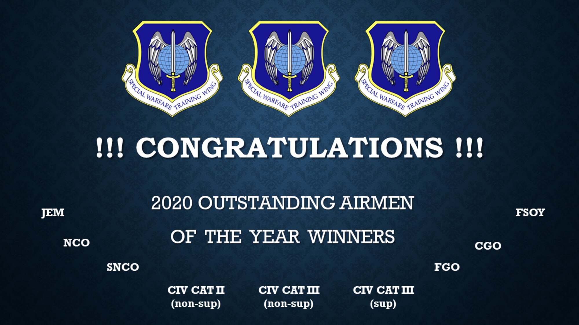 JOINT BASE SAN ANTONIO-CHAPMAN TRAINING ANNEX, Texas—Special Warfare Training Wing’s 2020 Outstanding Airmen of the Year, or OAY, were announced by Col. Mason Dula, SWTW, commander at Joint Base San Antonio-Chapman Training Annex, Texas Apr. 6, 2021. 

The annual OAY awards recognize the top officer, enlisted and civilian members of the wing. Winners will compete at Major Command and Air Force levels. Aspects of consideration for Airmen to be nominated for OAY include; superior leadership, job performance, community involvement and personal achievements.