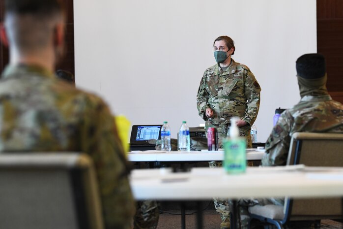 Col. Heather Fox, 9th Reconnaissance Wing Commander, center, talks to Airmen attending the Spiritual ISR(Intelligence Surveillance and Reconnaissance) Program, March 29, 2021, at Beale Air Force Base, California. The program is offered once every three months and is open to junior airmen who wish to create, discover, and enrich both aspects of their own lives and the lives of those they work with. (U.S. Air Force photo by Airman 1st Class Luis A. Ruiz-Vazquez)