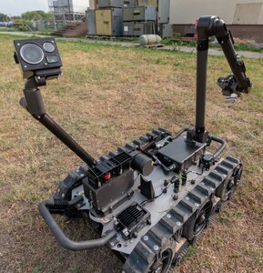 The Man Transportable Robotic System-Increment II, or MTSR II, navigates in a field during training at Joint Base San Antonio-Lackland April14.