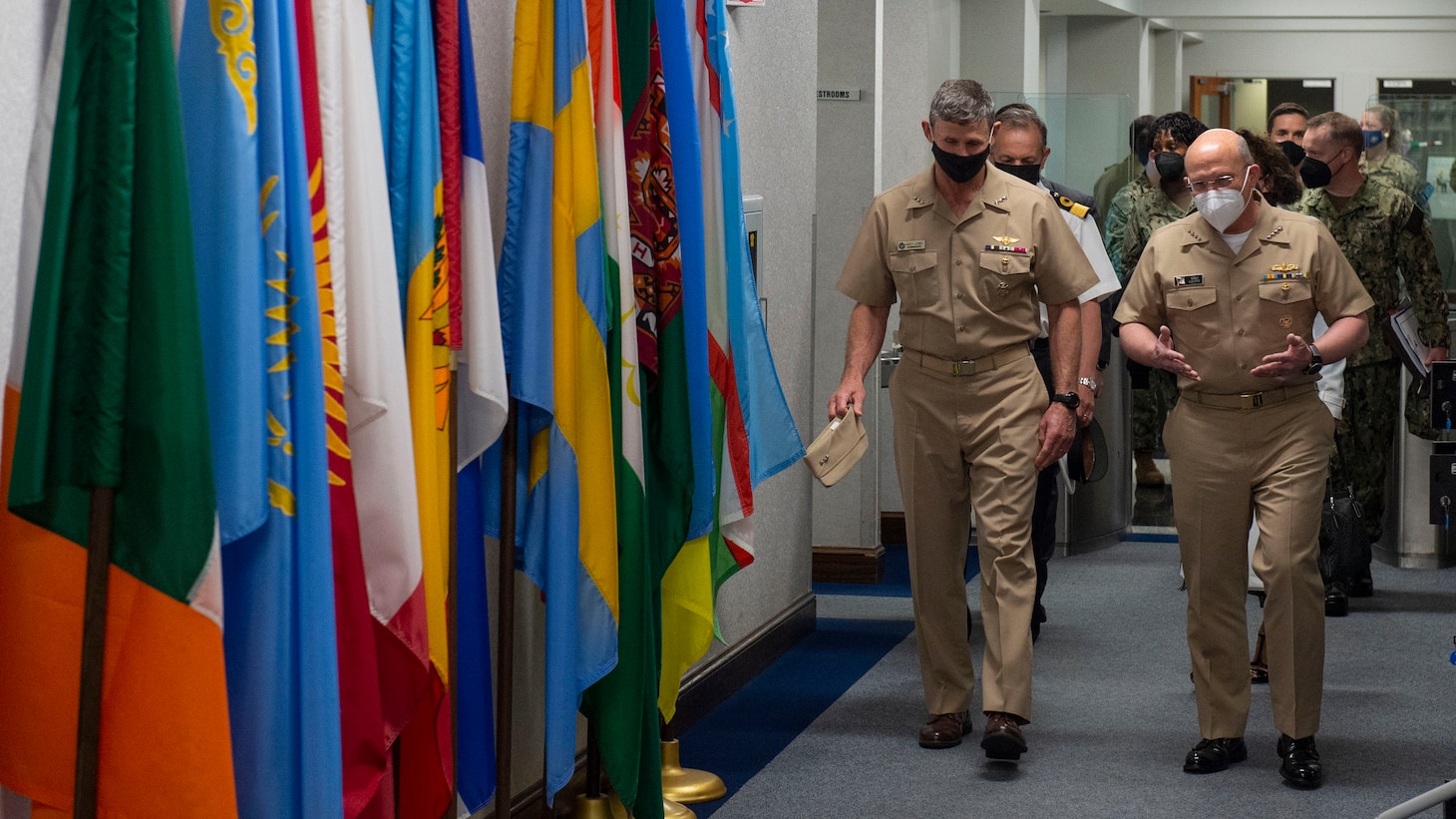 NORFOLK, Va. (Apr. 14, 2021) Vice Adm. Andrew "Woody" Lewis, Commander, U.S. Second Fleet and Joint Force Command Norfolk, speakswith Admiral Mike Gilday, U.S. Navy Chief of Naval Operations, during the Combined Joint Operations from the Sea (CJOS) Center of Excellence (COE) Future Maritime Warfare Symposium 2021 (FMWS21). CJOS COE hosted the FMWS21 on April 14 and 15 at NATO's Allied Command Transformation for leaders from multinational commands to discuss the future warfighting strategy in the Atlantic. (U.S. Navy photo by Mass Communication Specialist 1st  Class Jason Pastrick)